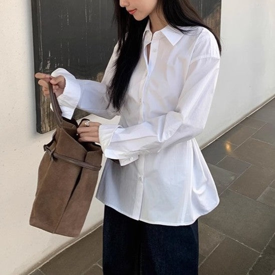 White Long Sleeve Fitted Shirt for Women, Casual Blouse, Layering Elegant Top