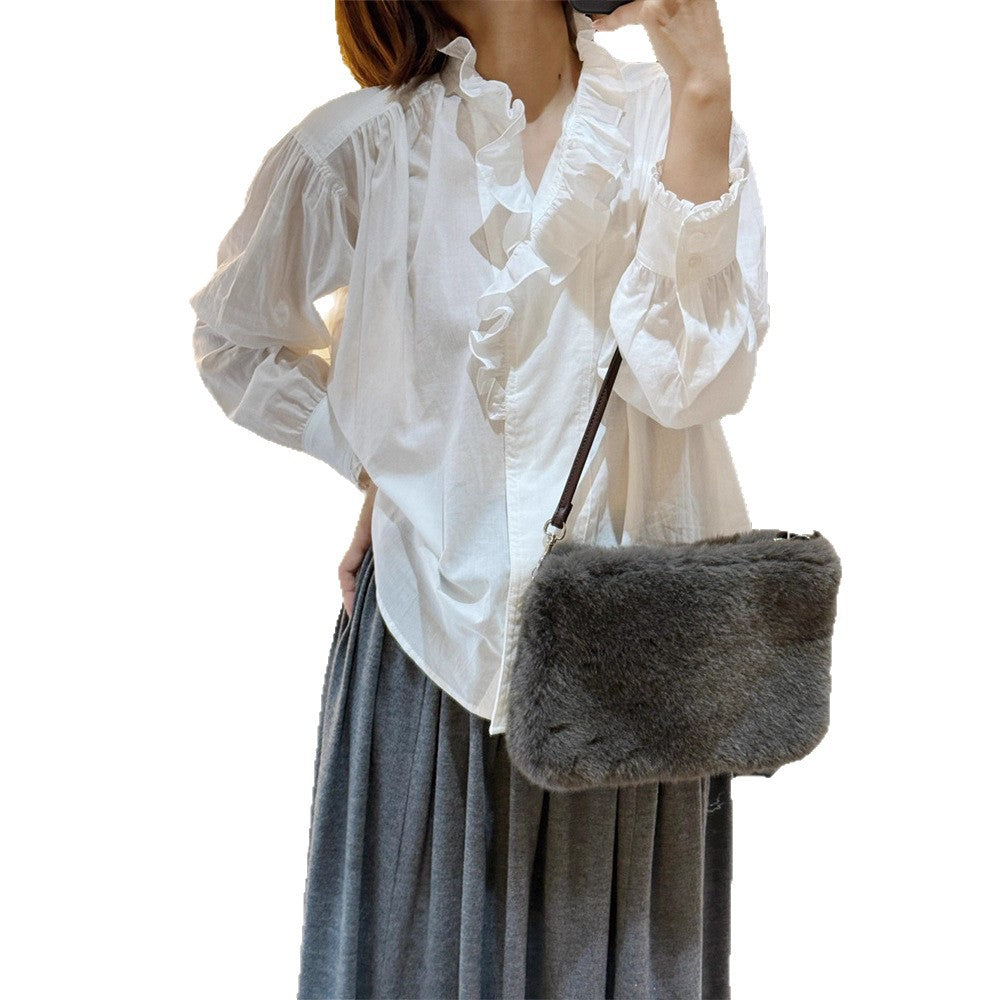 Turn-down Collar Cotton Loose Shirt for Women, White, Ruffled Patchwork, Casual Blouse