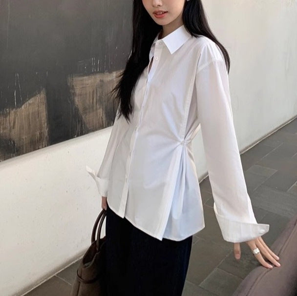 White Long Sleeve Fitted Shirt for Women, Casual Blouse, Layering Elegant Top