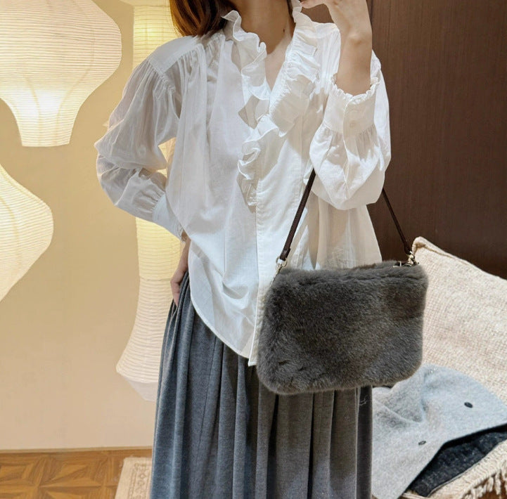 Turn-down Collar Cotton Loose Shirt for Women, White, Ruffled Patchwork, Casual Blouse