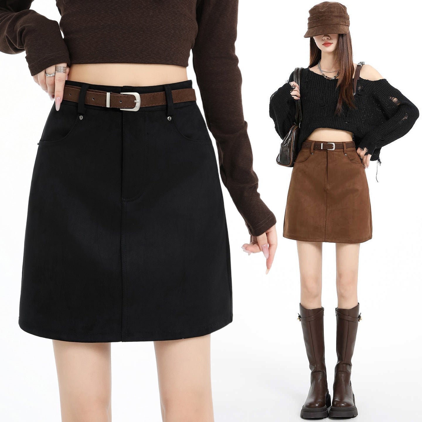 Vintage Suede Mini Skirt for Women, High Waist, Slim Fit, Anti-slip, Bodycon A-line Short Skirt