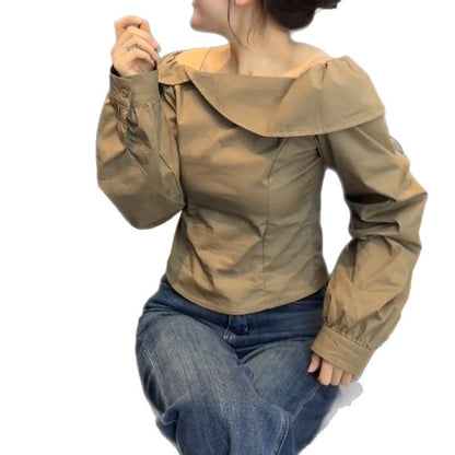 Commuter Top with Design Sense, Style Khaki Off-Shoulder Long Sleeve Elegant Women's Shirt