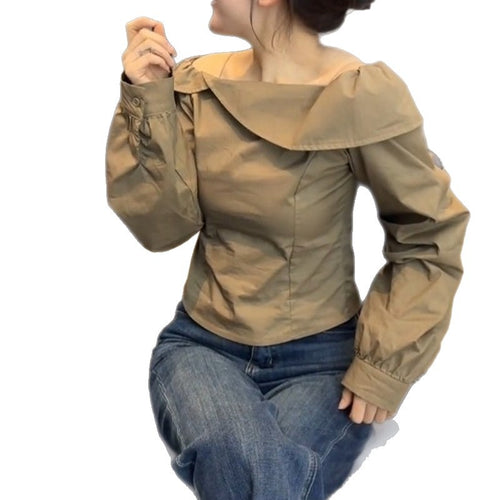 Commuter Top with Design Sense, Style Khaki Off-Shoulder Long Sleeve Elegant Women's Shirt