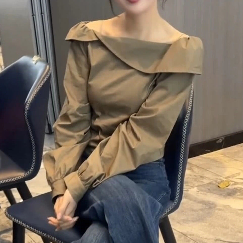 Commuter Top with Design Sense, Style Khaki Off-Shoulder Long Sleeve Elegant Women's Shirt