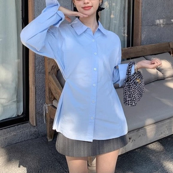 White Long Sleeve Fitted Shirt for Women, Casual Blouse, Layering Elegant Top