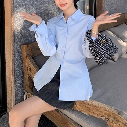 White Long Sleeve Fitted Shirt for Women, Casual Blouse, Layering Elegant Top