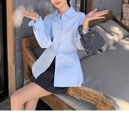 White Long Sleeve Fitted Shirt for Women, Casual Blouse, Layering Elegant Top