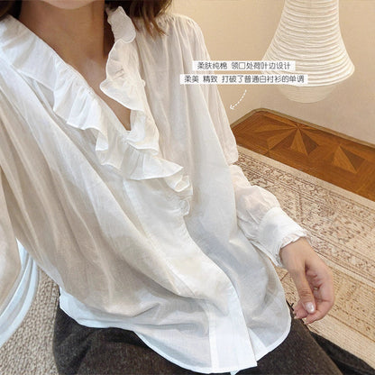 Turn-down Collar Cotton Loose Shirt for Women, White, Ruffled Patchwork, Casual Blouse