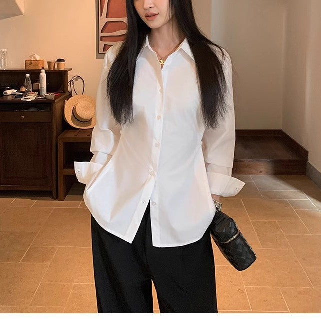 White Long Sleeve Fitted Shirt for Women, Casual Blouse, Layering Elegant Top