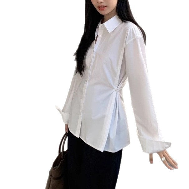 White Long Sleeve Fitted Shirt for Women, Casual Blouse, Layering Elegant Top