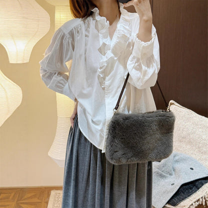 Turn-down Collar Cotton Loose Shirt for Women, White, Ruffled Patchwork, Casual Blouse