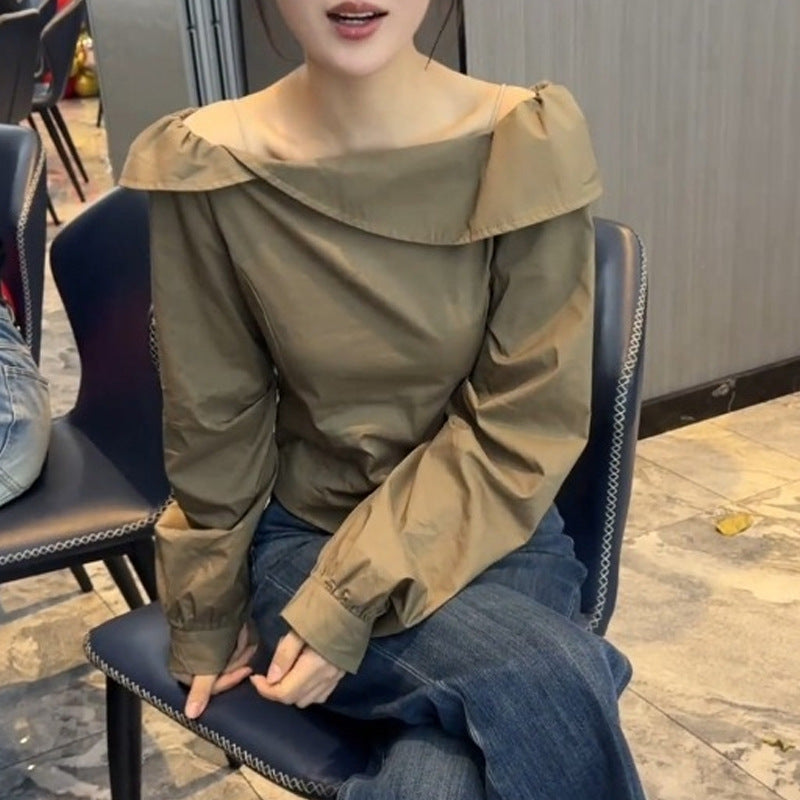 Commuter Top with Design Sense, Style Khaki Off-Shoulder Long Sleeve Elegant Women's Shirt